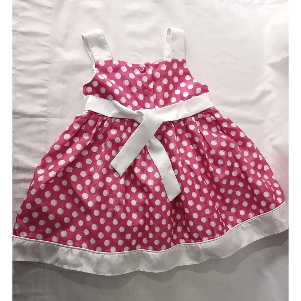 Youngland Baby Girl Pink White Polka Dot Flower Dress Rhinestone Toddler Sz 24M